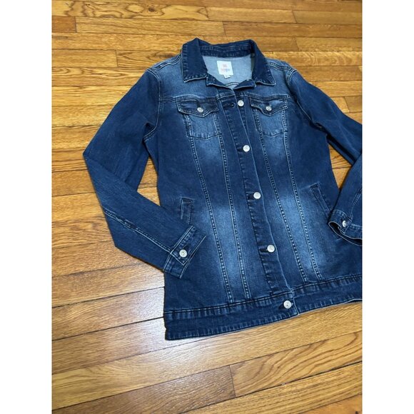 LuLaRoe Womens Denim Jean Jacket Size Large Blue Dark Stretch Floral Embroidered - Picture 3 of 7